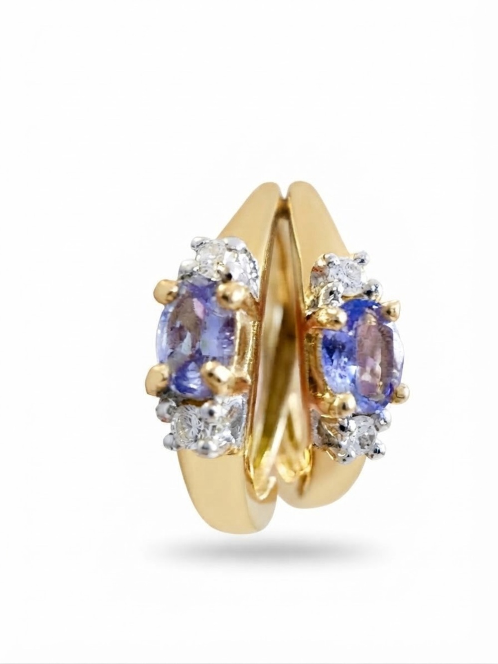 10K Yellow Gold Tanzanite & Diamond Huggie Hoop Earrings